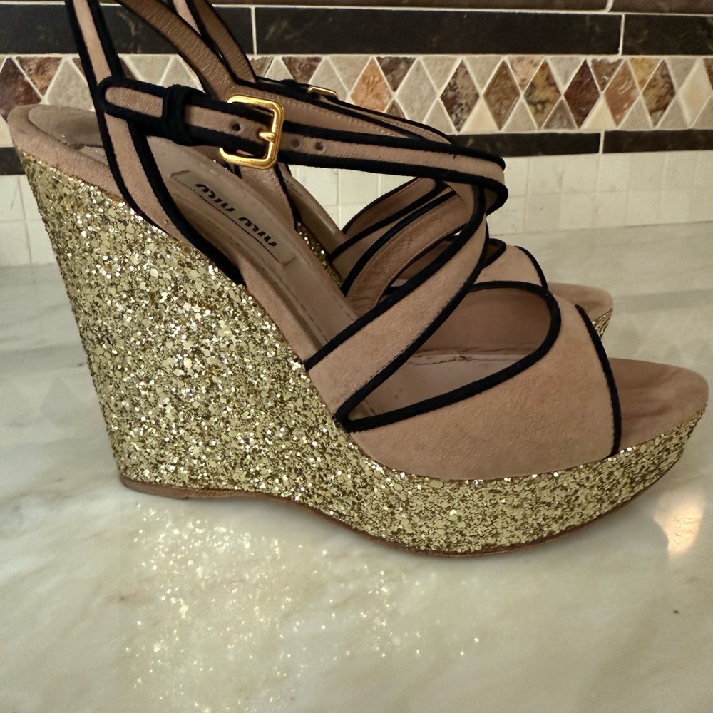 Miu Miu Black and Gold Glitter Wedges